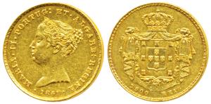 Portugal, Maria II, Gold 2500 Reis , 4.46g, 1851, obv. crowned head facing left, rev. crow