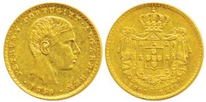 Portugal, Pedro V, Gold 2000 Reis, 3.52g, 1859, obv. young head facing right, rev. crowned