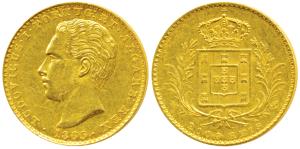 Portugal, Luiz I, Gold 2000 Reis, 3.52g, 1865, obv. head facing left, rev. crowned arms wi