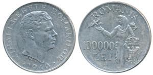 Romania, Mihai I, Silver 100000 Lei, 25.08g, 1946, rev. a standing figure releasing a dove