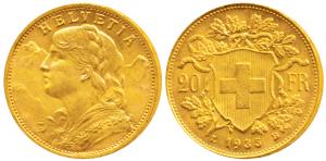 Switzerland, Gold 20 Francs, 6.44g, Bern Mint, obv. draped bust of Helvetia to left and th