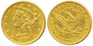 United States of America, Gold $ 5, 8.25g, Liberty head on obv., Motto ’IN GOD WE TRUST’ a