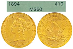 United States of America, Gold $10, 16.78g, 1894, Liberty head on obv., Motto above eagle 
