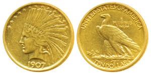 United States of America, Gold $10, 16.66g, Indian Head on obv., 1907 (KM 130). Very Fine+