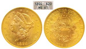 United States of America, Gold $ 20, 33.43g, 1894, Liberty head on obv., Motto above eagle