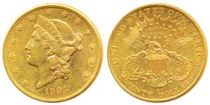 United States of America, Gold (Dollars) $ 20, 33.43g, Liberty on obv., motto above eagle,