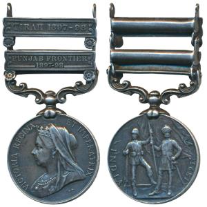 India Medal, Queen Victoria, Silver, 2 bars, Tirah 1897-98 and Punjab Frontier 1897-98, a 