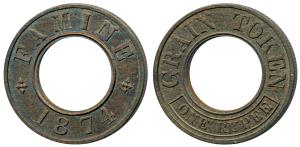 Famine Relief Grain Token, Brass Proof 1 Rupee, 5.2g, obv. Grain Token / One Rupee, rev. F
