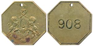 Rampur, Octagon Brass Token, obv. coat of arms of the state, rev. numerals 908. Extremely 