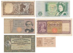 Assorted lot of 6 notes of various countries and denominations, England, One Pound; Italy 