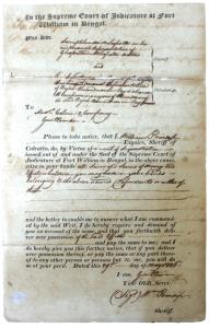 William Prinsep, Sheriff of Calcutta, 1826, signed on a legal document of Fort William in 
