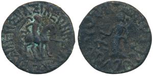 Indo-Scythians, Azes, Copper Tetradrachm, 6.74g, obv. king mounted on a horse to right hol