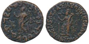 Indo-Scythians, Azes II, Copper Unit, 11.42g, obv. city goddess seated on a throne holding