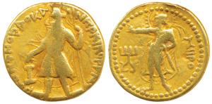 Kushanas, Kanishka I (c. 127/8-152 AD), Gold Dinar, 7.67g, obv. caped and crowned king sta