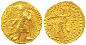 Kushanas, Kanishka I, Gold ¼ Dinar, 2.03g, obv. caped and crowned king standing facing, he