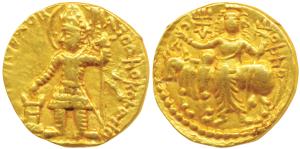 Kushanas, Vasudeva (c. 192-225 AD), Gold Dinar, 7.79g, obv. king nimbate standing left, ho