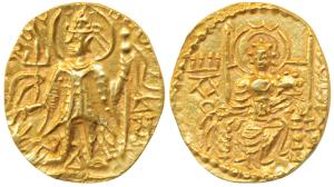 Later Kushanas, Vasudeva II (c. 250-260 AD), Gold Dinar, 7.82g, obv. king standing left, h