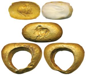 Northern India —Uninscribed Gold signet ring with a depiction of a recumbent bull, (c. 300