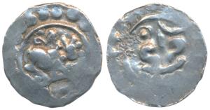 Chandras of Arakan, Dhrticandra (c. 576-579 AD), Silver 16 Ratti, 1.93g, obv. recumbent hu