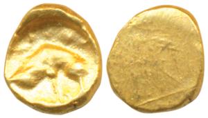 Cholas, Gold Fanam, 0.44g, obv. a crude depiction of a lion curled up with a fish at top, 