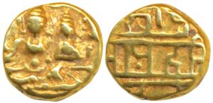 Vijaynagar Empire, Hari Hara II, Gold ½ Pagoda, 1.70g, obv. Shiva-Parvati seated, Shiva ho