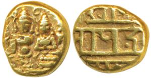 Vijayanagar Empire, Devaraya I, Gold Pagoda, 3.28g, obv. Shiva-Parvati seated, Siva holdin