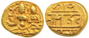 Vijayanagar Empire, Devaraya I, Gold Pagoda, 3.38g, Shiva-Parvati seated, Siva holding ant
