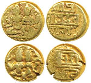 Vijayanagar Empire, Devaraya I, Gold Pagoda (2), 3.37g and 3.43g, obv. Shiva-Parvati seate