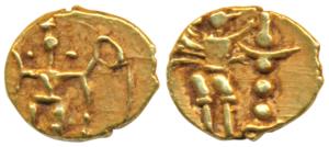 Vijayanagar Feudatories, Gold Fanam, 0.41g, obv. Harihara holding trishul (off flan) and c
