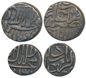 Akbar, Silver Mahmudi and ½ Mahmudi, 5.42g and 2.70g, Mulher Mint, Baglana issue, Kalima t