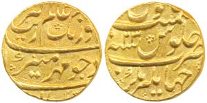Aurangzeb, Gold Mohur, 11.0g, Jahangirnagar (Dhaka) Mint, RY 23, complete mint name at bot
