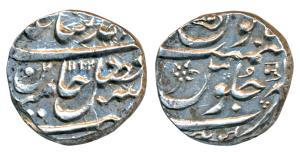 Aurangnagar Mulher Mint, Silver Rupee, in the name of Shah Alam II, ’Mu’ in Nagari in top 