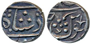 Jafarabad urf Chandor Mint, Silver ½ Rupee, 5.48g, in the name of Shah Alam II, usual flor