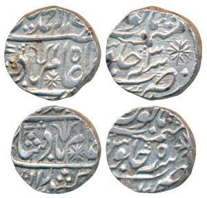 Kora Mint, Silver Rupee (2), in the name of Shah Alam II, trishul and flag as mint marks, 