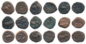 Tipu Sultan, Copper ¼ Paisa (9), Patan Mint, 1225; Khaliqabad Mint, 1225; Bengalur Mint; F