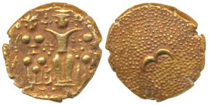 3 Swami Gold Pagoda, 3.43g, Lord Balaji standing with his wives, Bhudevi and Shridevi on e