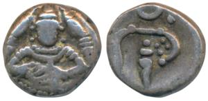 Silver Fanam (Putun), 0.52g, obv. half bust of Shiva facing front with a serpent on each s