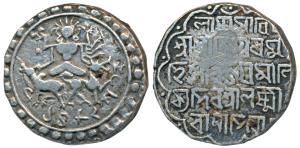 Vijaya Manikya (SEc 1454-1486, 1532-1564 AD), Silver Tanka, 10.6g, obv. Ardhanarishvara co