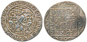 Yaso Manikya (c. SEc 1521-1548, 1599-1626 AD), Silver Rupee, 10.55g, obv. Krishna playing 