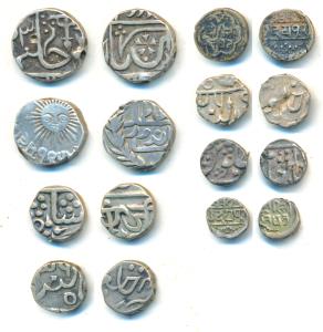 Gwalior, Jayaji Rao, Silver ½, ¼ and 1/8 Rupee, bow with arrow pointing down, in the name 
