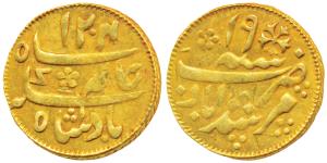Murshidabad Mint, Gold ¼ Mohur, 3.12g, in the name of Shah Alam II, AH 1204/19, oblique mi