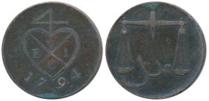 Copper 1 Pice or 4 Reas, 6.4g, 1794, bale mark on obv., scales on rev. (KM 193). Very Fine