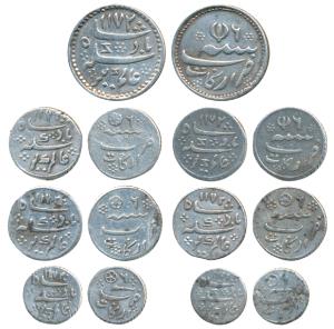 Arkat Mint, Silver ¼, 1/8 (4) and 1/16 (2) Rupee, in the name of Alamgir II, AH 1172/6, op