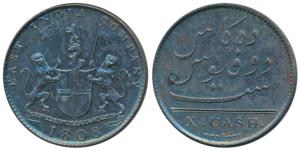 Copper 10 Cash, coat of arms of the EIC and date 1808 on obv., value in English on rev. (K