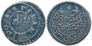 Silver Double or 2 Fanams, 1.82g, 2nd issue, 1808, oblique milling, Square buckled garter 