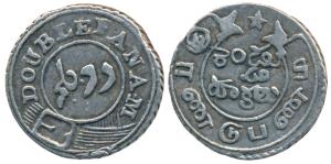 Silver Double or 2 Fanams, 1.83g, 2nd issue, 1808, oblique milling, buckled garter on obv.