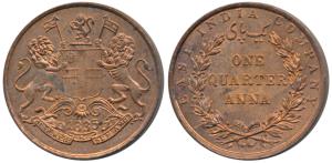 Copper ¼ Anna, 1835, Madras Mint, 23 Berries (12 L+11 R), slanting top to numeral 1, Y of 