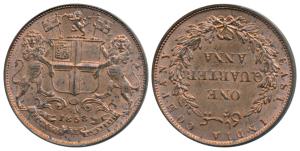 Copper ¼ Anna, 1858, Birmingham Mint, Wreath tips-single leaves, J. Watt and Co, (Prid 156