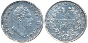 William IV, Silver ¼ Rupee, 1835, Calcutta Mint, F incuse, Wreath with 20 Berries (10L+10R