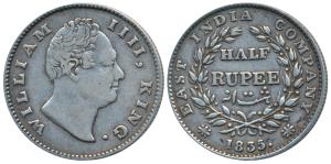 William IV, Silver ½ Rupee, 1835, Calcutta Mint, F raised, 19 Berries, rev. Broken horizon